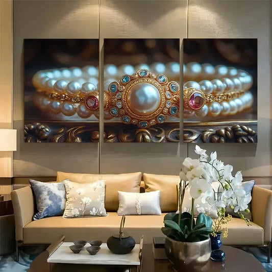 3pcs Elegant Victorian Art Pearl Bracelets and Gem Metal Print Ready to Hang Art