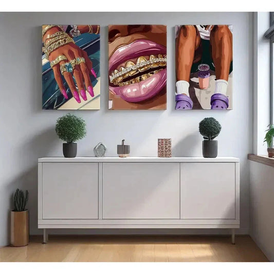 3pcs African American Woman Pink, Purple & Golden Metal Print Ready to Hang Art