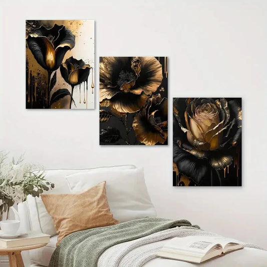 3pcs Black And Golden Hibiscus, Daisies, And Roses Metal Print Ready to Hang Art
