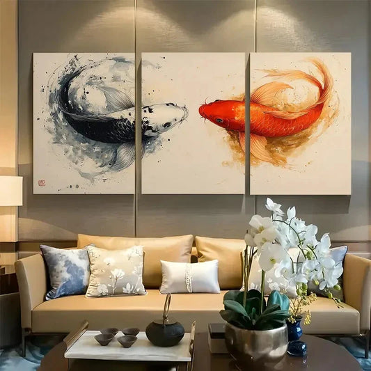 3pcs Koi Fish Yin Yang Canvas Japanese Ink Drawing Metal Print Ready to Hang Art