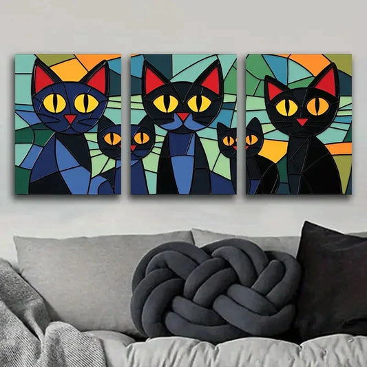 3pcs Black Cats Family Metal Print Ready to Hang Art