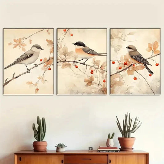 3pcs Birds Among Autumn Branches Artwork Metal Print Ready to Hang Art