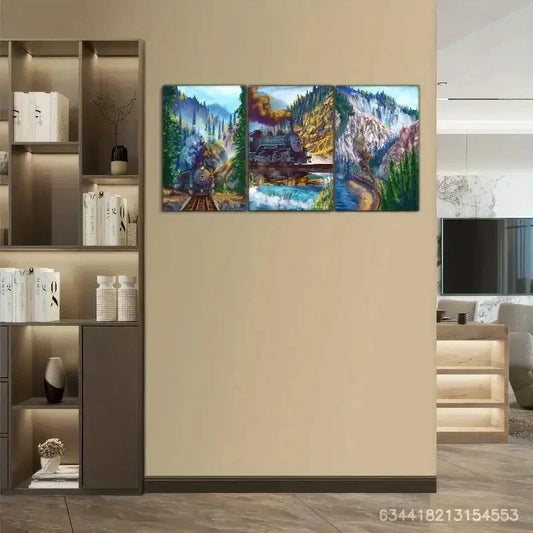 3pcs Train in the Forest Canvas Art Set Metal Print Ready to Hang Art