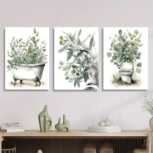 3pcs Botanical Bathroom Watercolor Murals Metal Print Ready to Hang Art