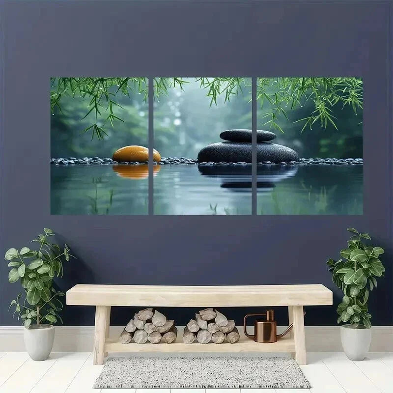 3pcs Zen Bamboo And Stone Calming Nature Decor Wall Art Set Canvas Framed 40x60cm - High Quality Print 100% Australian Made Wall Canvas Ready to Hang