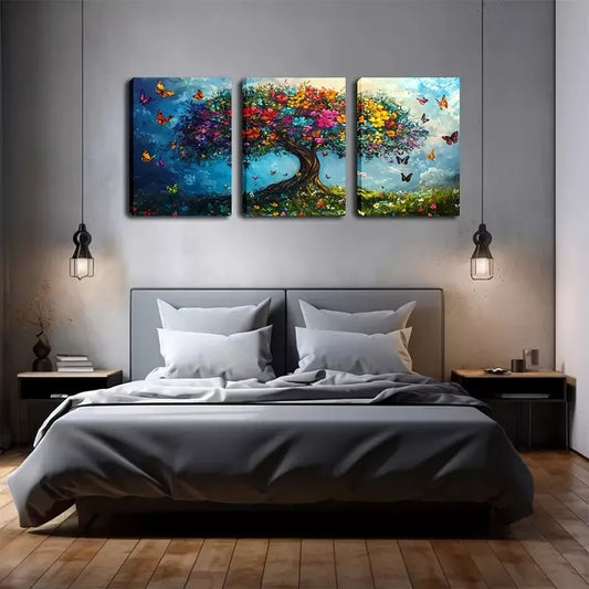 3pcs Tree Of Life, Colorful Butterflies Wall Art Set Canvas Framed 40x60cm - High Quality Print 100% Australian Made Wall Canvas Ready to Hang