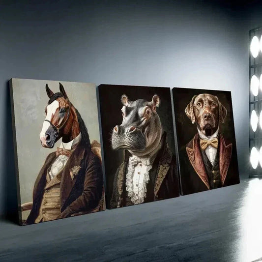 3pcs Whimsical Animals in Vintage Attire Wall Art Set Canvas Framed 40x60cm - High Quality Print 100% Australian Made Wall Canvas Ready to Hang