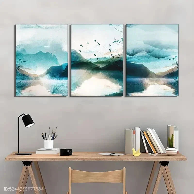 3pcs Distant Mountains & Birds Urban Living Art Metal Print Ready to Hang Art