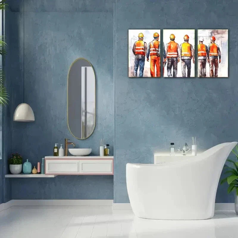 3pcs Architectural Wall Art with Helmeted Workers Metal Print Ready to Hang Art