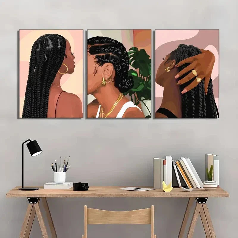 3pcs Boho Tropical Plant Leaves Print Black Girl Metal Print Ready to Hang Art
