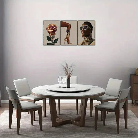 3pcs Golden Rose Art Poster Exquisite Female Metal Print Ready to Hang Art