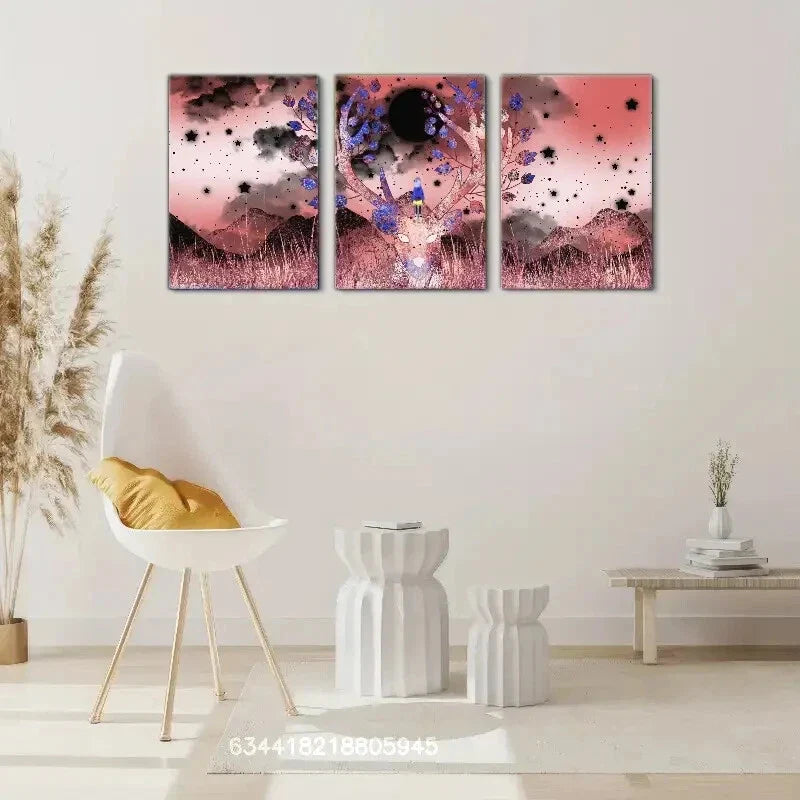 3pcs Sika deer, cute animals, mountains, Metal Print Ready to Hang Art