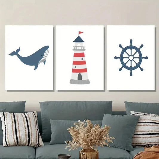 3pcs Navy red lighthouse cartoon ocean poster Metal Print Ready to Hang Art