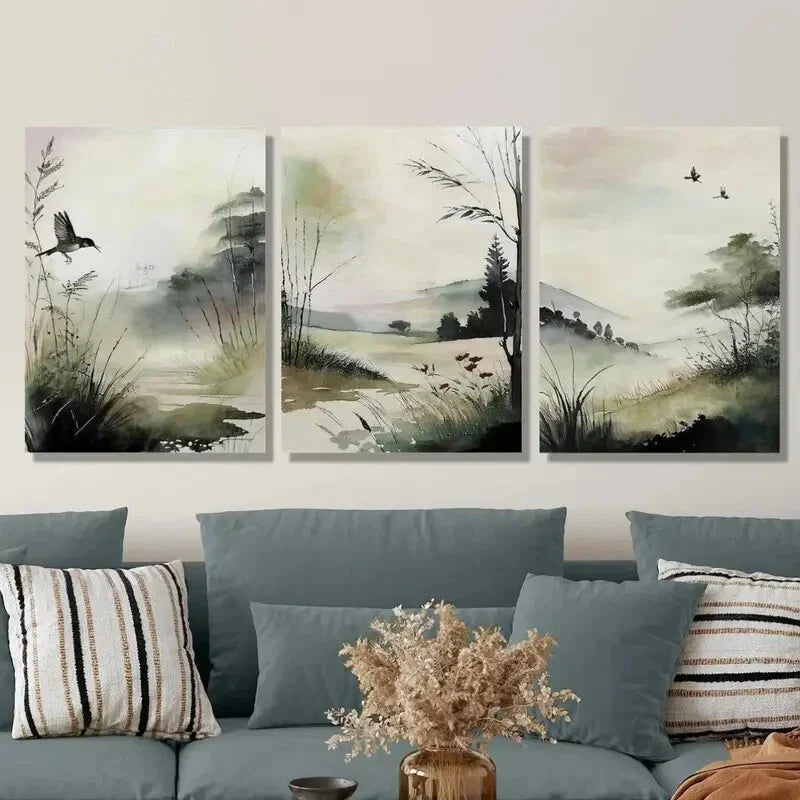 3pcs , Watercolor Birds & Pond, Ink Painting Metal Print Ready to Hang Art
