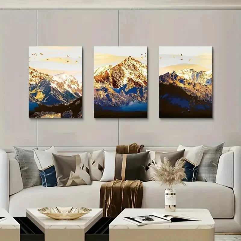 3pcs golden mountain and bird flock Metal Print Ready to Hang Art