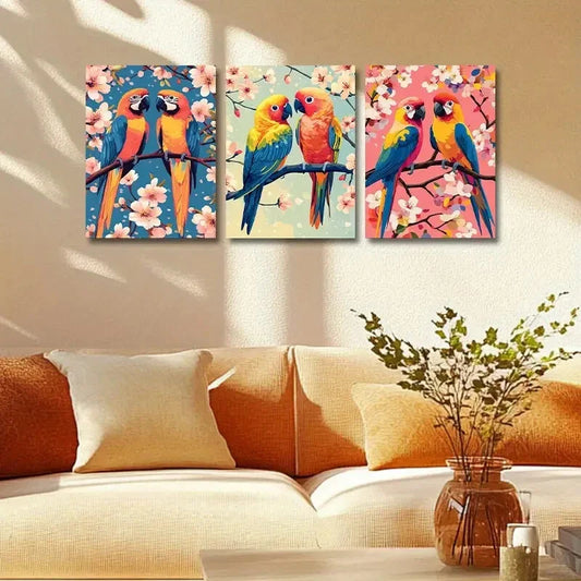 3pcs Two Vibrant Parrots with Florals Design Metal Print Ready to Hang Art