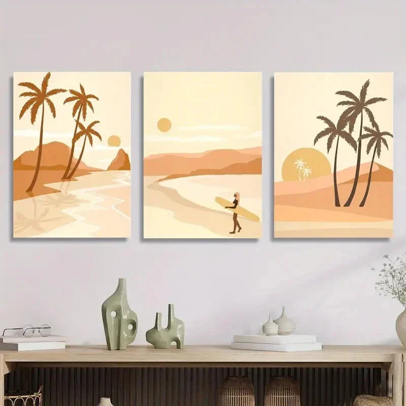 3pcs Palm Trees at Sunset, Surfers on the Shore Metal Print Ready to Hang Art