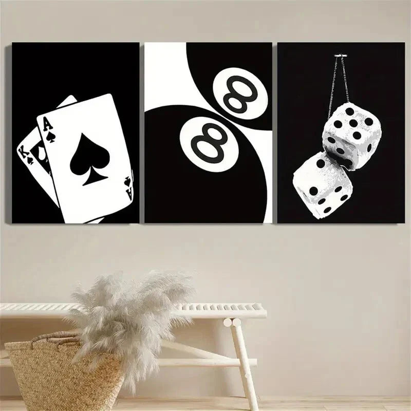 3pcs Black and White Gaming Metal Print Ready to Hang Art