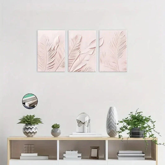 3pcs Modern Farmhouse Style Peach Feather Texture Metal Print Ready to Hang Art