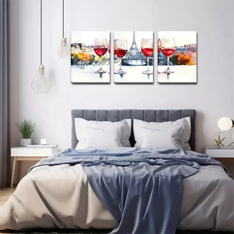 3pcs Red Wine, Paris Tower, Decorations Wall Art Set Canvas Framed 40x60cm - High Quality Print 100% Australian Made Wall Canvas Ready to Hang