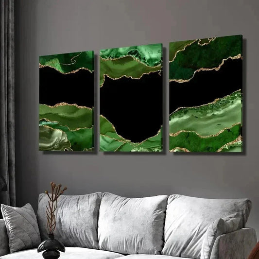 3pcs Dark Green Stone Texture with Golden Accent Wall Art Set Canvas Framed 40x60cm - High Quality Print 100% Australian Made Wall Canvas Ready to Hang