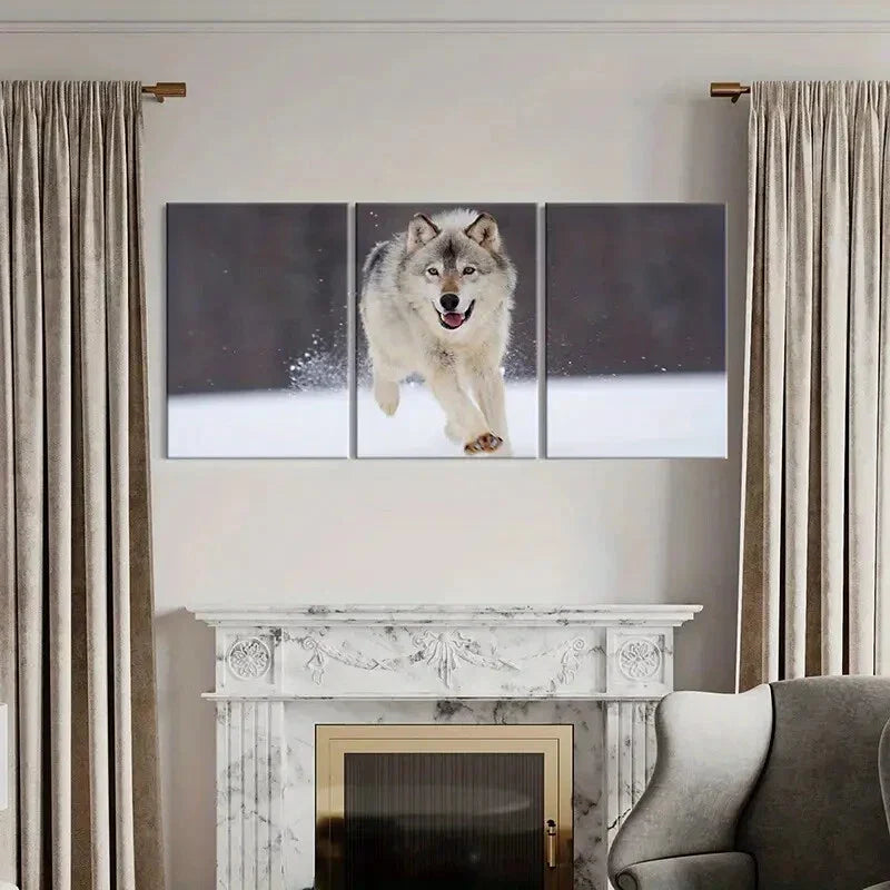 3pcs Wolf Running On The Snow Metal Print Ready to Hang Art