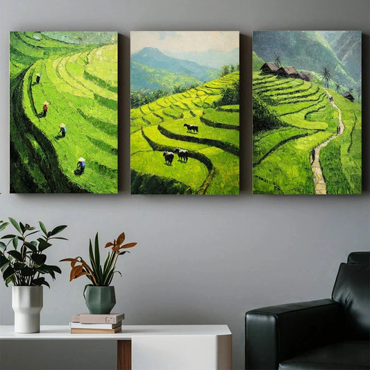 3pcs Abstract Terraced Mountain Green Themed Metal Print Ready to Hang Art