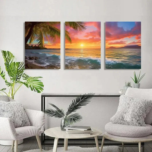3pcs Sunset Ocean & Palm Trees Canvas Art Metal Print Ready to Hang Art