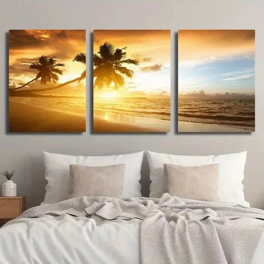 3pcs Vibrant Beach Coast Scenery Coconut Trees Metal Print Ready to Hang Art