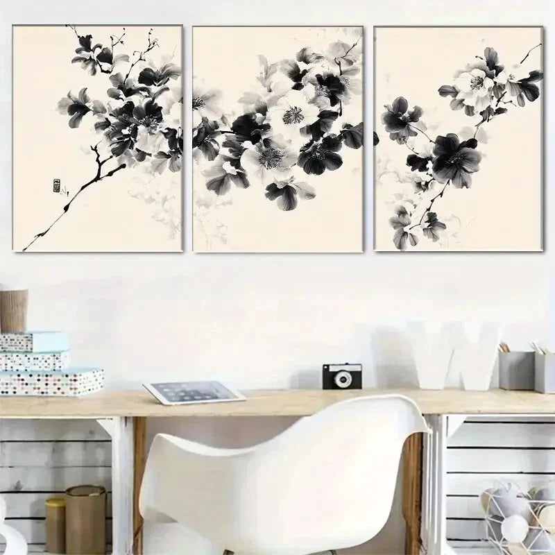 3pcs Asian-Inspired Ink-Wash Floral Canvas Metal Print Ready to Hang Art