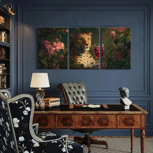 3pcs Leopard with Wine Glass Floral Surroundings Metal Print Ready to Hang Art