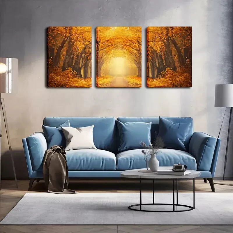 3pcs Vibrant Yellow Forest Road Scene Wall Art Set Canvas Framed 40x60cm - High Quality Print 100% Australian Made Wall Canvas Ready to Hang