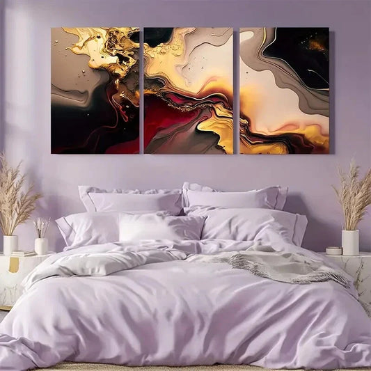 3pcs Red Golden Marble Patterns Luxury Metal Print Ready to Hang Art