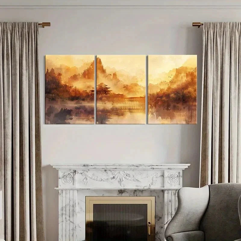 3pcs Chinese Traditional Architecture Landscape Metal Print Ready to Hang Art