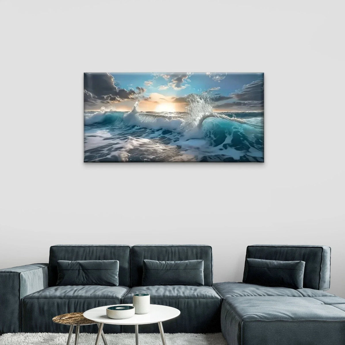 Sunset Ocean Clouds Wave Wall Art Canvas Office Home Room Framed 80x45cm