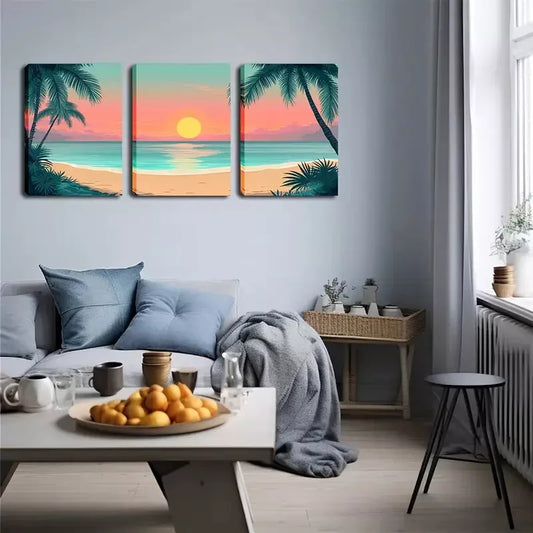 3pcs Vibrant Seaside Coconut Trees, Red Sky Wall Art Set Canvas Framed 40x60cm - High Quality Print 100% Australian Made Wall Canvas Ready to Hang