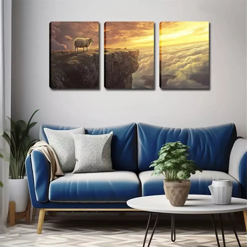 3pcs Sheep on Cliff, Wall Art Set Canvas Framed 40x60cm - High Quality Print 100% Australian Made Wall Canvas Ready to Hang