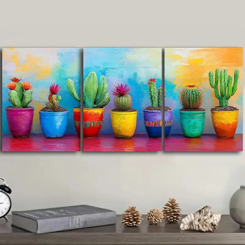 3pcs Cactus in colorful flower POTS Metal Print Ready to Hang Art