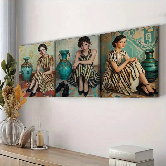 3pcs Featuring a Vintage-Style Girl Wall Art Set Canvas Framed 40x60cm - High Quality Print 100% Australian Made Wall Canvas Ready to Hang