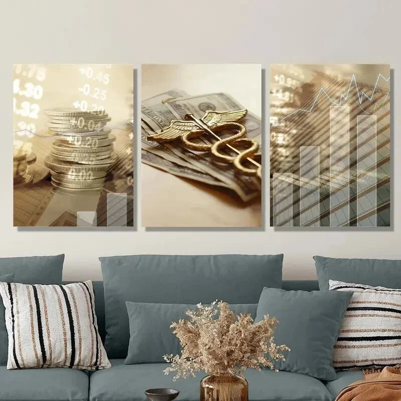 3pcs Caduceus Medical Symbol & Currency Metal Print Ready to Hang Art