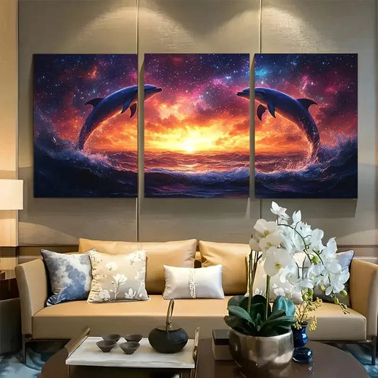 3pcs Neon Dolphins Leaping for galaxy Waves Metal Print Ready to Hang Art