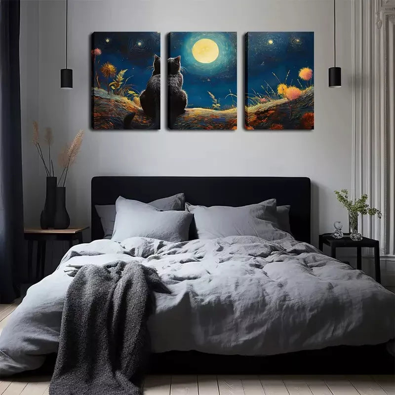 3pcs Under The Moon, A Black Cat Wall Art Set Canvas Framed 40x60cm - High Quality Print 100% Australian Made Wall Canvas Ready to Hang