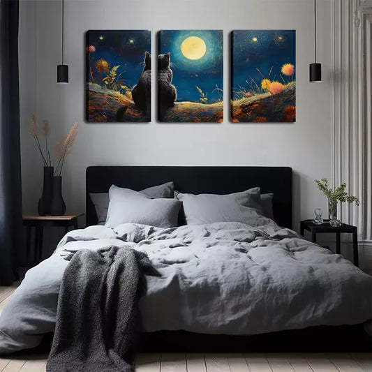 3pcs Under The Moon, A Black Cat Wall Art Set Canvas Framed 40x60cm - High Quality Print 100% Australian Made Wall Canvas Ready to Hang