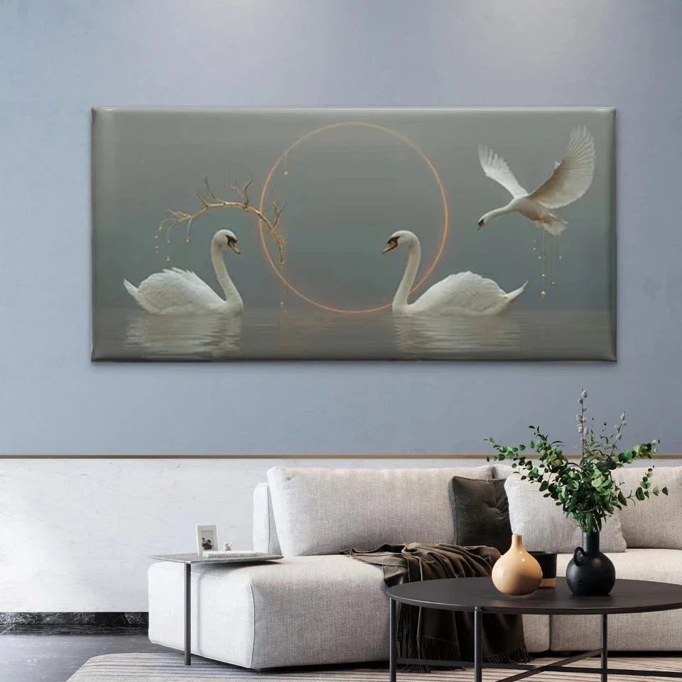 Swan with Water Reflection Wall Art Canvas Office Home Room Framed 80x45cm
