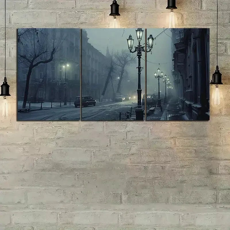 3pcs City in Fog At Night Canvas Framed 40x60cm - High Quality Print 100% Australian Made Wall Canvas Ready to Hang