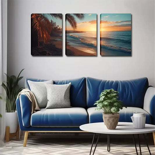 3pcs Coconut Trees & Ocean Waves Wall Art Set Canvas Framed 40x60cm - High Quality Print 100% Australian Made Wall Canvas Ready to Hang