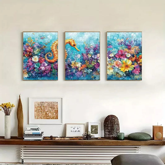 3pcs Seahorse in Ocean Triptych Canvas Framed 40x60cm - High Quality Print 100% Australian Made Wall Canvas Ready to Hang