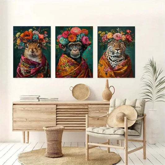 3pcs Monkey Squirrel Leopard with Floral Headdress Metal Print Ready to Hang Art
