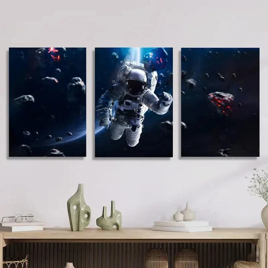 3pcs Astronaut, blue planet, space travel Metal Print Ready to Hang Art