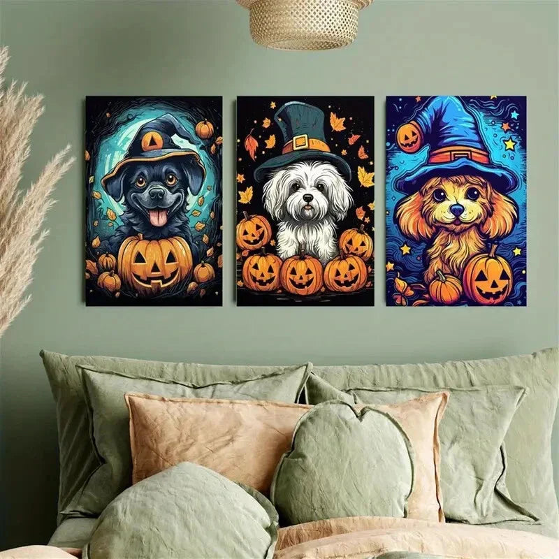 3pcs Dog wearing a Witch Hat Metal Print Ready to Hang Art